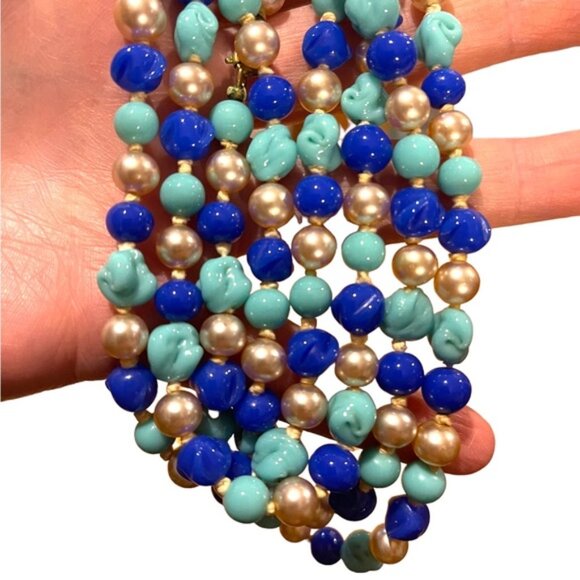 Antique Jewelry - Antique Handmade CZECH Glass blue fancy bead & pearl necklace 48” LoNG
